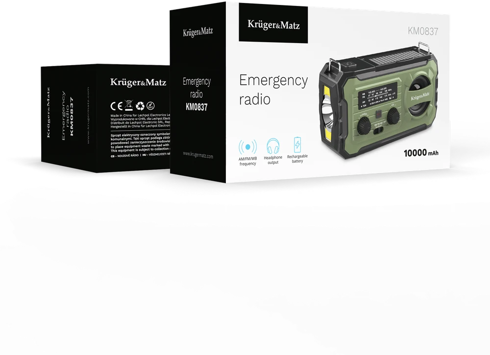 Saulės energija varomas radijas, nešiojamas SOS avarinis radijas, 10000 mAh išorinė baterija, žibintuvėlis, dinamo, Kruger & Matz