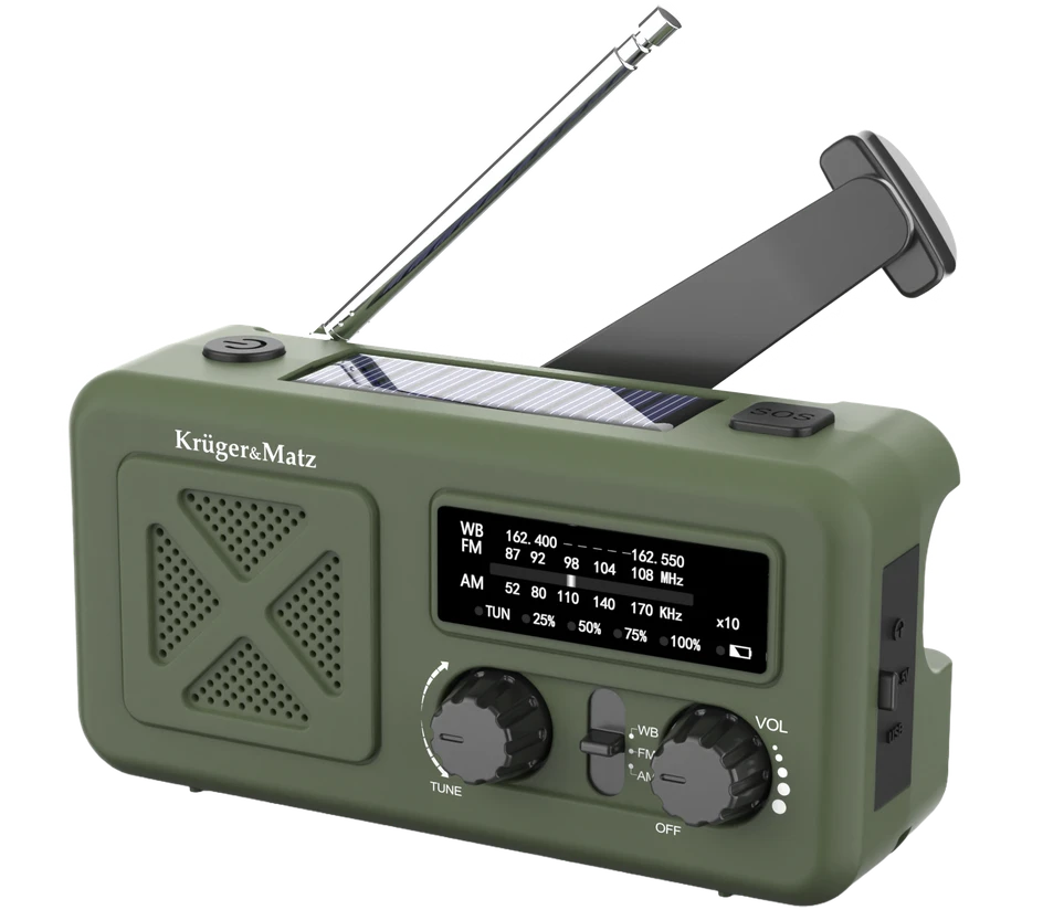 Kruger & Matz Saulės energija varomas radijas, nešiojamas SOS avarinis radijas, 2000 mAh išorinė baterija, žibintuvėlis, dinamo, KrugerMatz