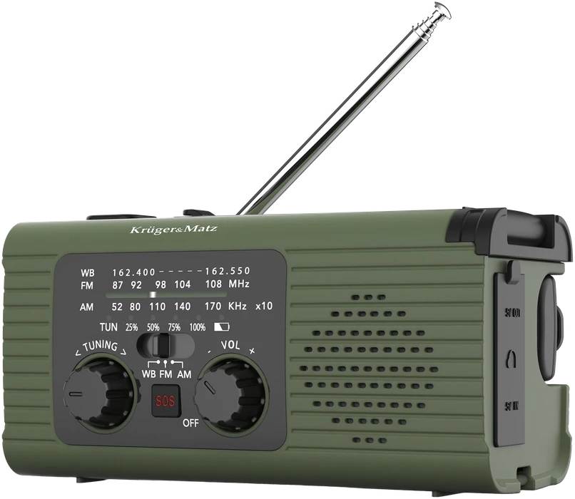 Kruger & Matz Saulės energija varomas radijas, nešiojamas SOS avarinis radijas, 5000 mAh išorinė baterija, žibintuvėlis, dinamo, KrugerMatz