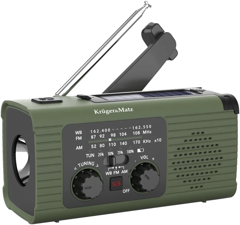 Kruger & Matz Saulės energija varomas radijas, nešiojamas SOS avarinis radijas, 5000 mAh išorinė baterija, žibintuvėlis, dinamo, KrugerMatz
