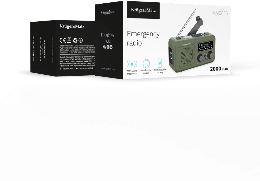 Kruger & Matz Saulės energija varomas radijas, nešiojamas SOS avarinis radijas, 2000 mAh išorinė baterija, žibintuvėlis, dinamo, KrugerMatz