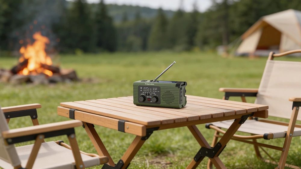 Kruger & Matz Saulės energija varomas radijas, nešiojamas SOS avarinis radijas, 5000 mAh išorinė baterija, žibintuvėlis, dinamo, KrugerMatz