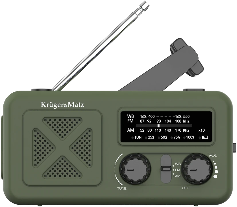 Kruger & Matz Saulės energija varomas radijas, nešiojamas SOS avarinis radijas, 2000 mAh išorinė baterija, žibintuvėlis, dinamo, KrugerMatz