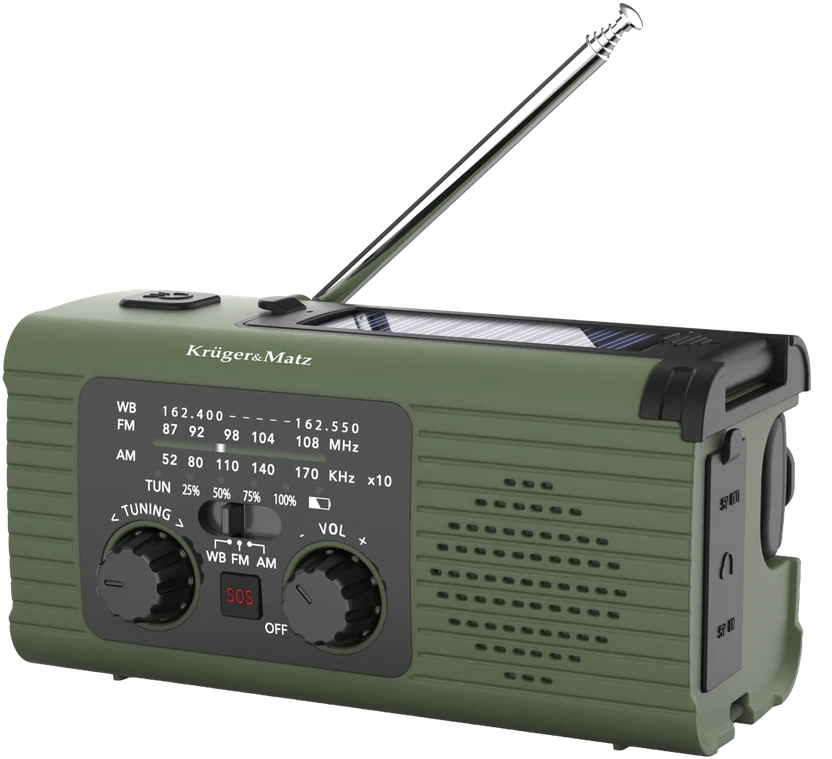 Kruger & Matz Saulės energija varomas radijas, nešiojamas SOS avarinis radijas, 5000 mAh išorinė baterija, žibintuvėlis, dinamo, KrugerMatz