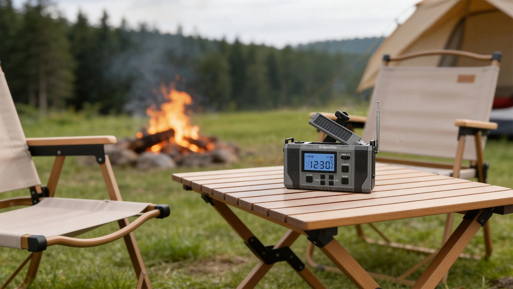 Kruger & Matz Saulės energija varomas radijas, nešiojamas SOS avarinis radijas, 10000 mAh išorinė baterija, žibintuvėlis, dinamo, KrugerMatz