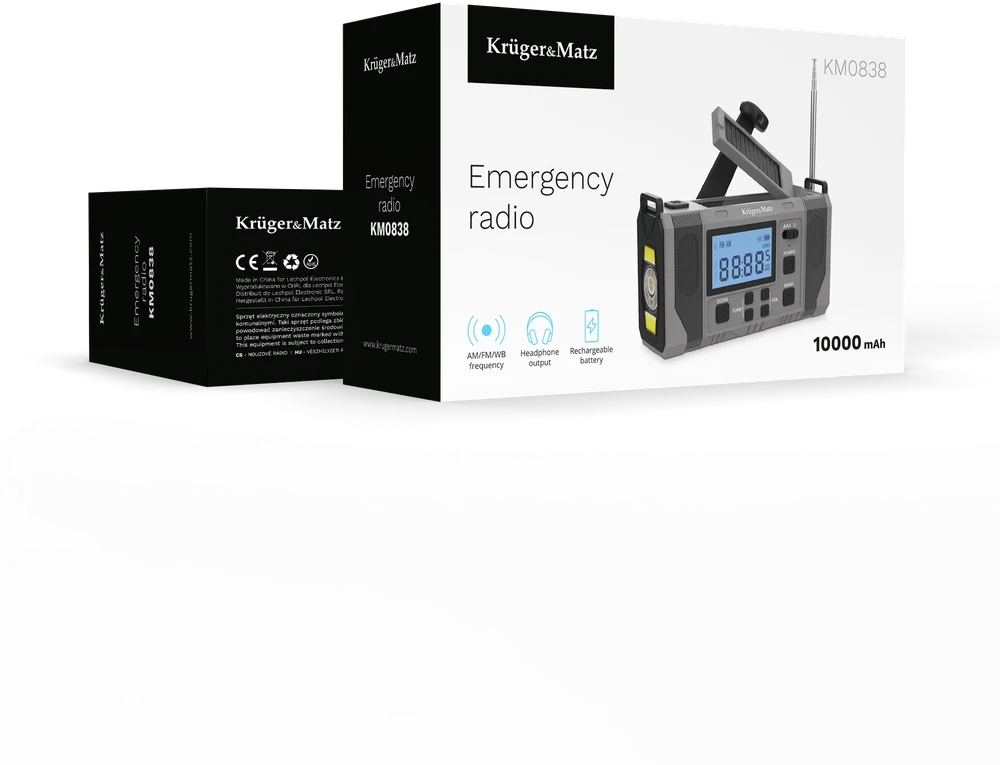 Kruger & Matz Saulės energija varomas radijas, nešiojamas SOS avarinis radijas, 10000 mAh išorinė baterija, žibintuvėlis, dinamo, KrugerMatz