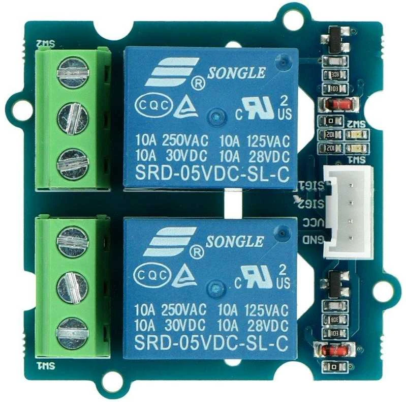 Seeed Studio Grove, 2 kanalų relė su optoizoliacija, 10A/250VAC, ritė 5V + skaidrus dėklas