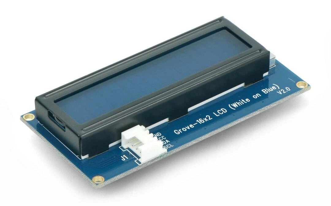 Seeed Studio Grove, 2x16 simbolių LCD ekranas su apšvietimu (balta ant mėlynos spalvos)