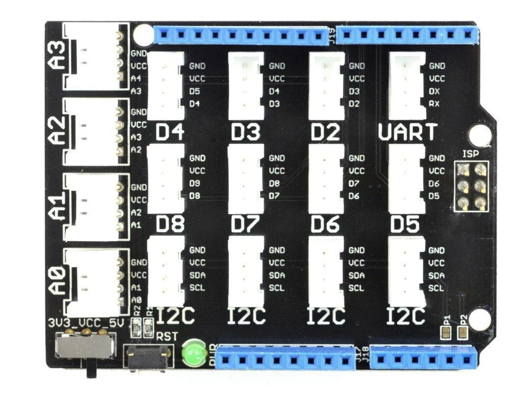 Grove Base Shield v2 su analoginėmis ir skaitmeninėmis jungtimis