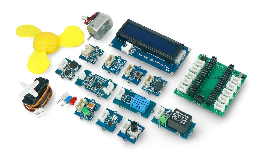 Grove pradedančiojo rinkinio komponentai su Raspberry Pi Pico adapteriu