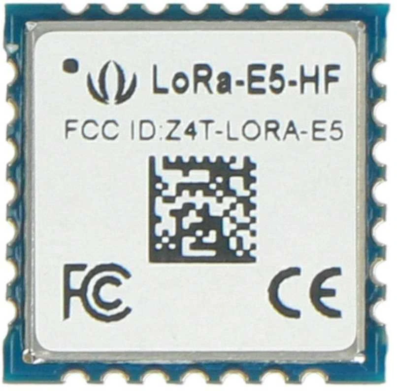 LoRa-E5 modulis su QR kodu ir sertifikavimo ženklais