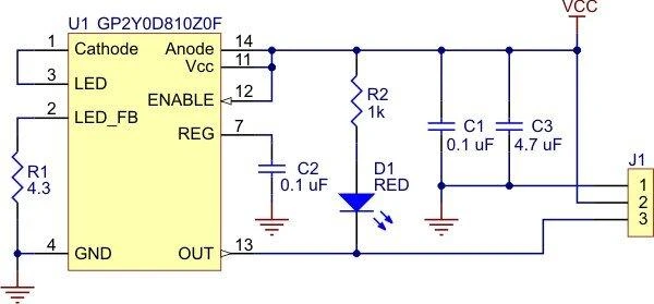 GP2Y0D810Z0F jutiklio elektrinė schema