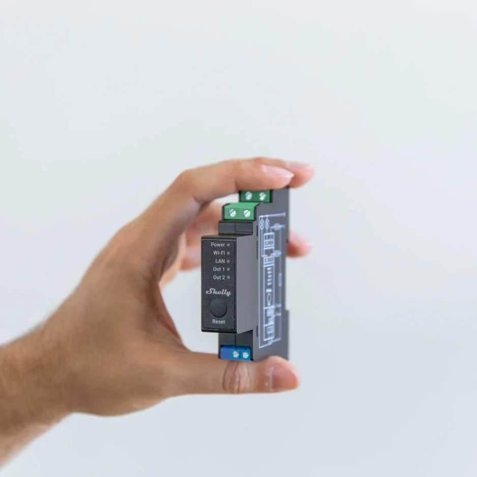 Shelly PRO 2PM išmanioji 2 kanalų relė su elektros sąnaudų matavimu valdoma Wifi LAN Bluetooth montuojama ant DIN bėgelio