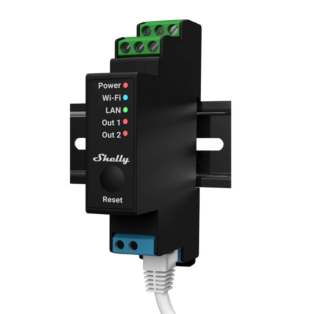 Shelly PRO 2PM išmanioji 2 kanalų relė su elektros sąnaudų matavimu valdoma Wifi LAN Bluetooth montuojama ant DIN bėgelio