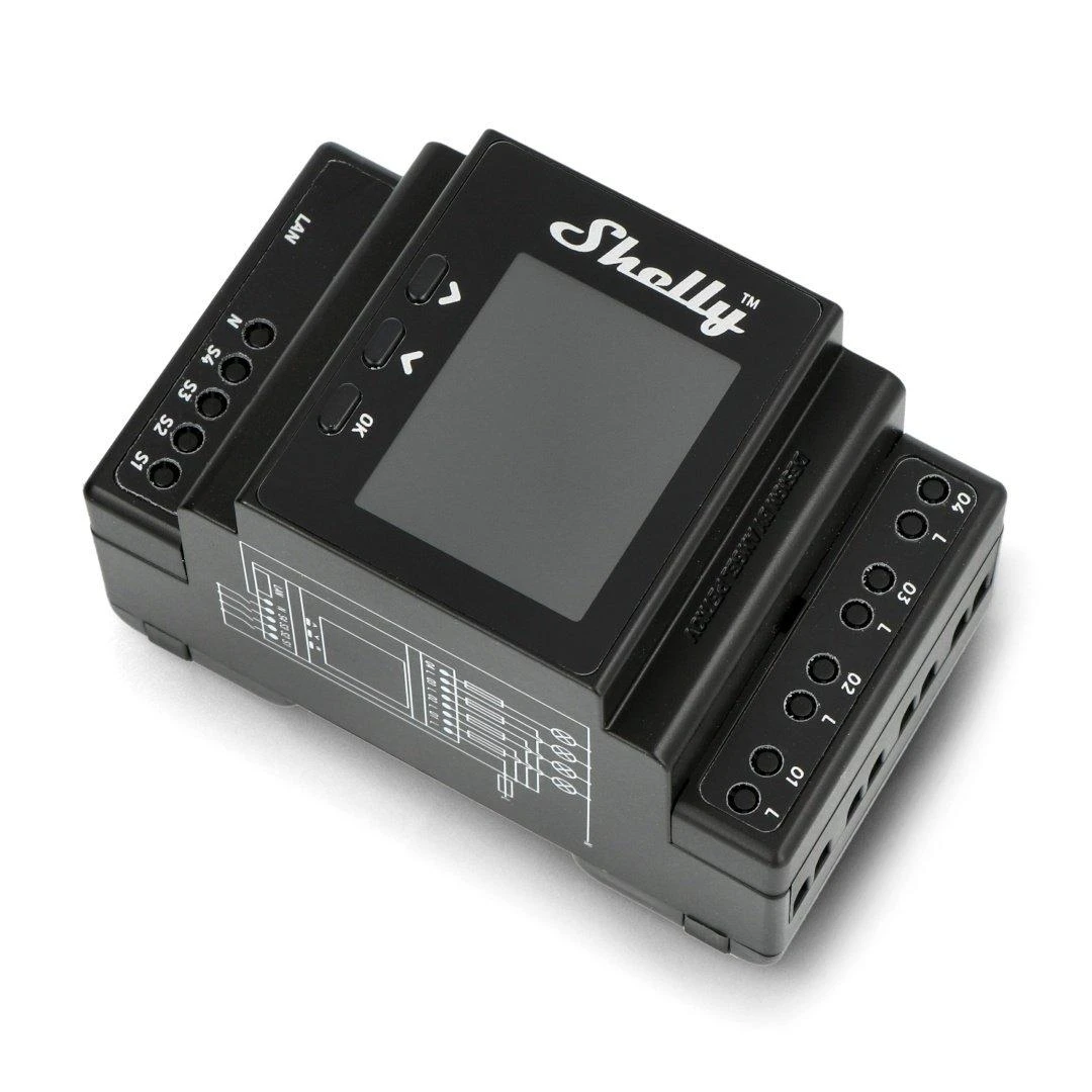 Shelly Pro 4PM 4 kanalų DIN bėgio relė jungiklis su Wi-Fi, LAN ir Bluetooth ryšiu
