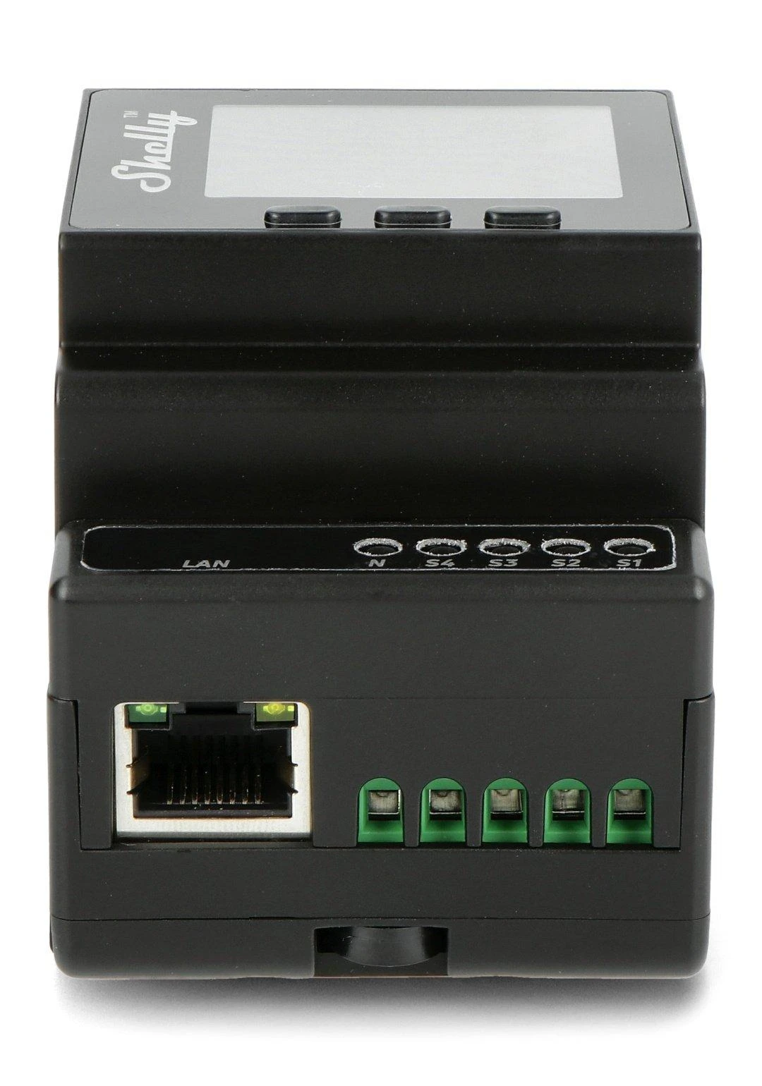 Shelly Pro 4PM 4 kanalų DIN bėgio relė jungiklis su Wi-Fi, LAN ir Bluetooth ryšiu