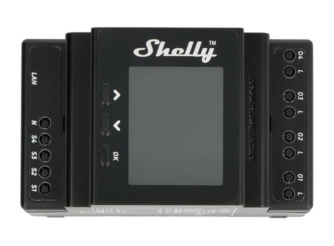 Shelly Pro 4PM 4 kanalų DIN bėgio relė jungiklis su Wi-Fi, LAN ir Bluetooth ryšiu