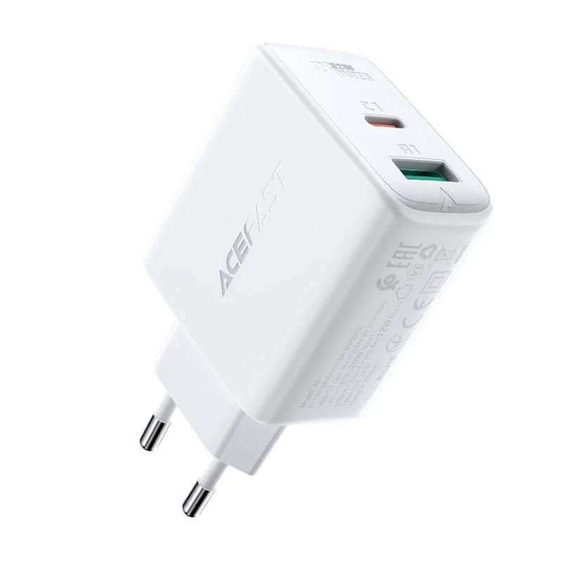 Sieninis įkroviklis Acefast A5 PD32W, USB + USB-C (balta)