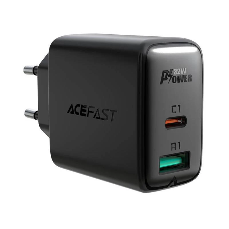 Sieninis įkroviklis Acefast A5 PD32W, USB + USB-C (juodas)