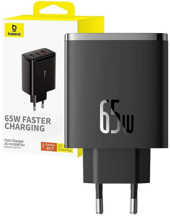 Sieninis įkroviklis Baseus OS-Cube Pro 2xUSB-C + USB, 65W (juodas)