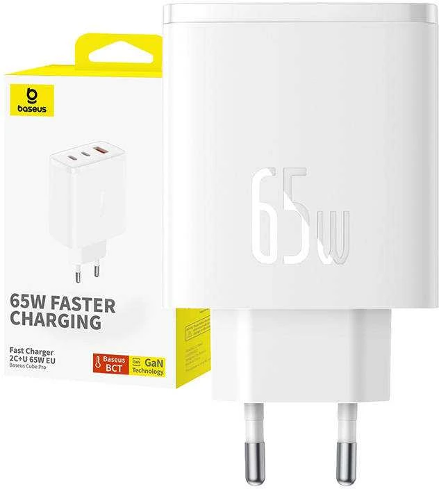 Sieninis įkroviklis Baseus OS-Cube Pro 2xUSB-C + USB, 65W (baltas)