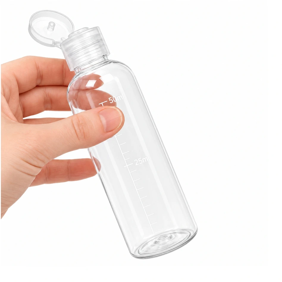 Skaidrus 100 ml kelioninis matavimo butelis su plokštumos gradacija