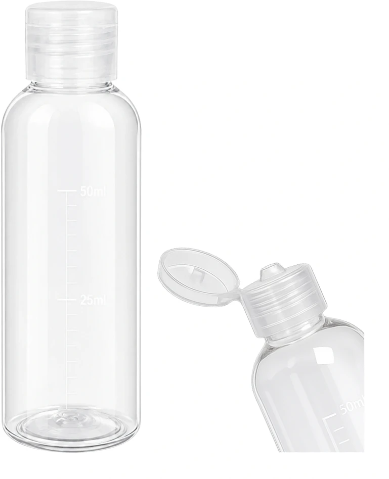 Skaidrus 100 ml kelioninis matavimo butelis su plokštumos gradacija