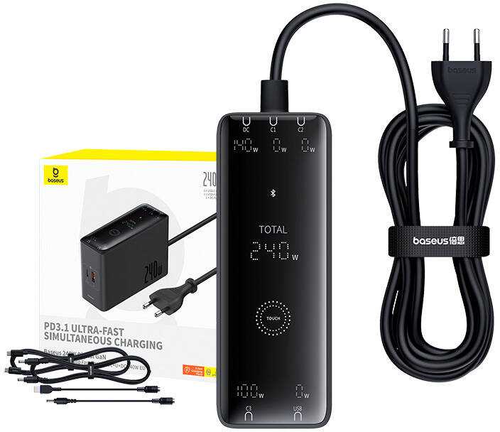 Skaitmeninis įkroviklis Baseus GaN, 3x USB-C + USB + DC, 240 W + kabelis 1 m (juodas)