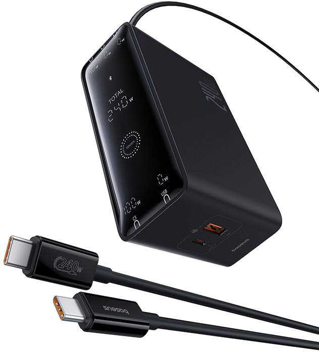 Skaitmeninis įkroviklis Baseus GaN, 3x USB-C + USB + DC, 240 W + kabelis 1 m (juodas)