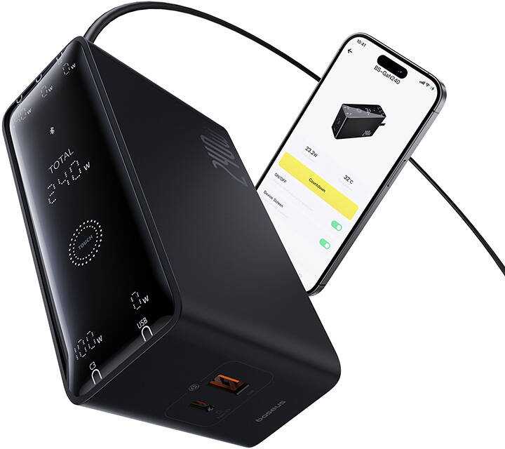 Skaitmeninis įkroviklis Baseus GaN, 3x USB-C + USB + DC, 240 W + kabelis 1 m (juodas)