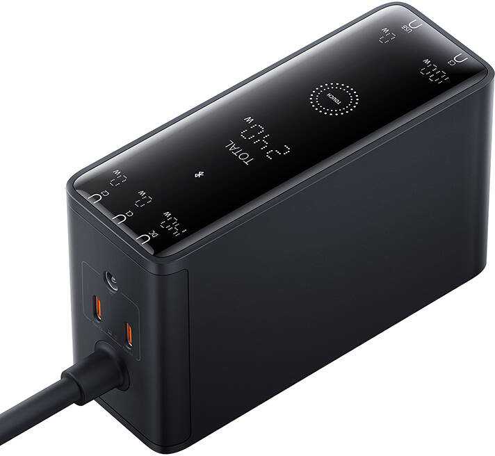 Skaitmeninis įkroviklis Baseus GaN, 3x USB-C + USB + DC, 240 W + kabelis 1 m (juodas)