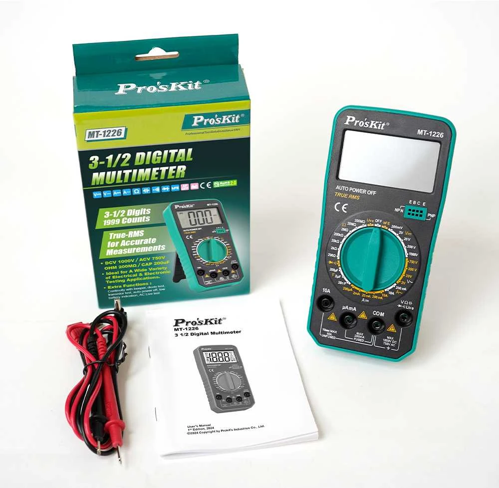 Skaitmeninis True RMS Pro’sKit MT-1226 multimetras su 1000V DC ir 750V AC matavimu iki 10A bei diodų tranzistorių ir grandinės testavimo funkcijomis