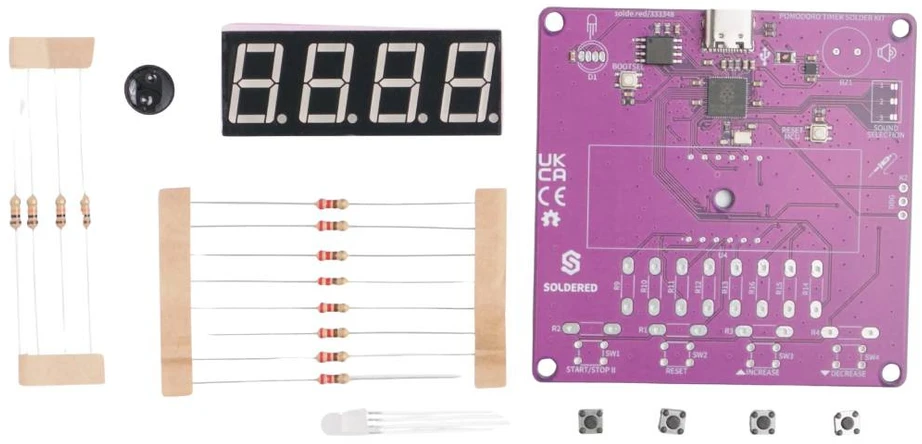 Soldered Pomodoro laikmačio litavimo rinkinys – edukacinis rinkinys litavimo mokymuisi – RP2040 – lituotas 333348