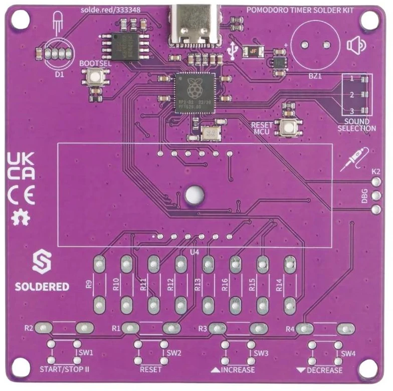 Soldered Pomodoro laikmačio litavimo rinkinys – edukacinis rinkinys litavimo mokymuisi – RP2040 – lituotas 333348