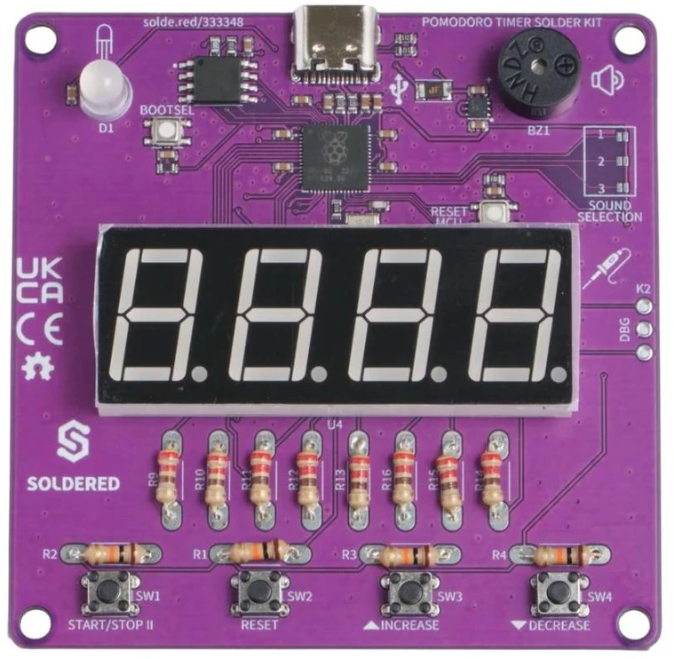 Soldered Pomodoro laikmačio litavimo rinkinys – edukacinis rinkinys litavimo mokymuisi – RP2040 – lituotas 333348