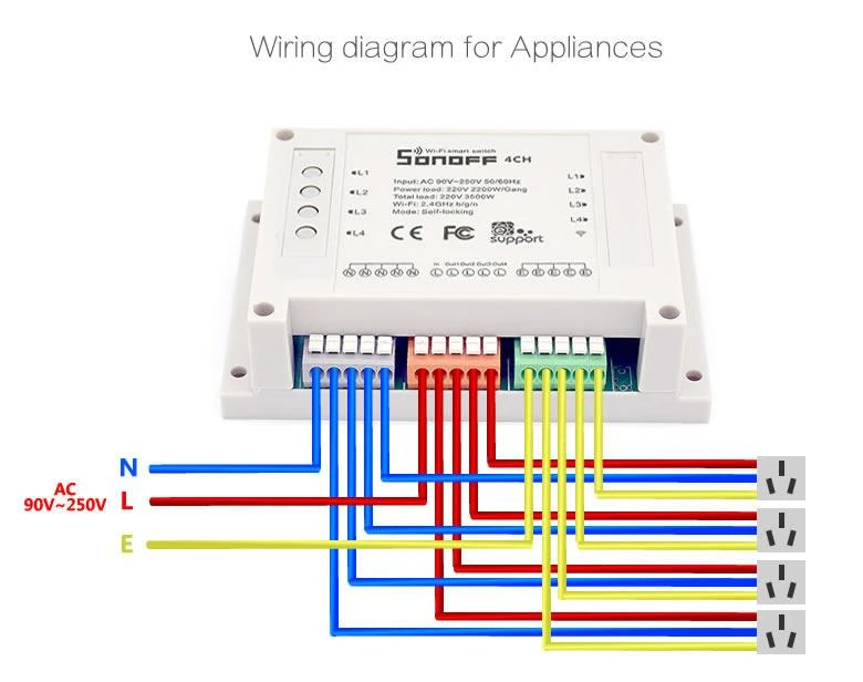 Sonoff 4-kanalų išmani relė valdoma WiFi - 230VAC 2200W