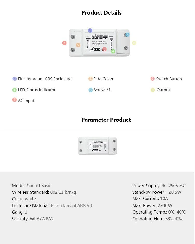 Sonoff Basic R2 1-kanalo išmani relė valdoma WiFi - 230VAC 2200W