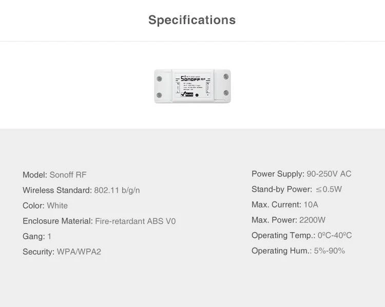 Sonoff RF R2 1 - kanalo išmani relė valdoma WiFi + 433MHz RF - 230VAC 2200W