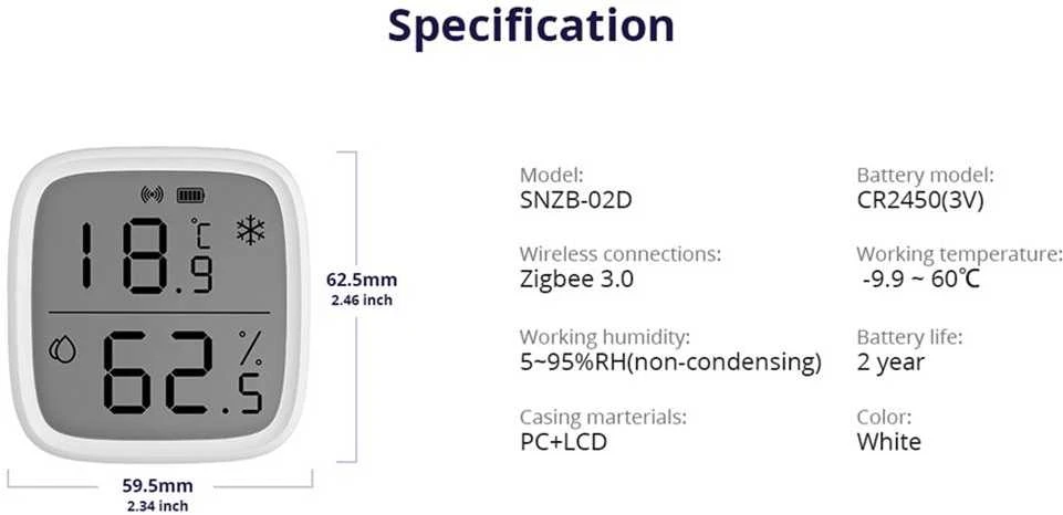 Sonoff SNZB-02D Zigbee 3.0 temperatūros ir drėgmės sensorius su LCD ekranu