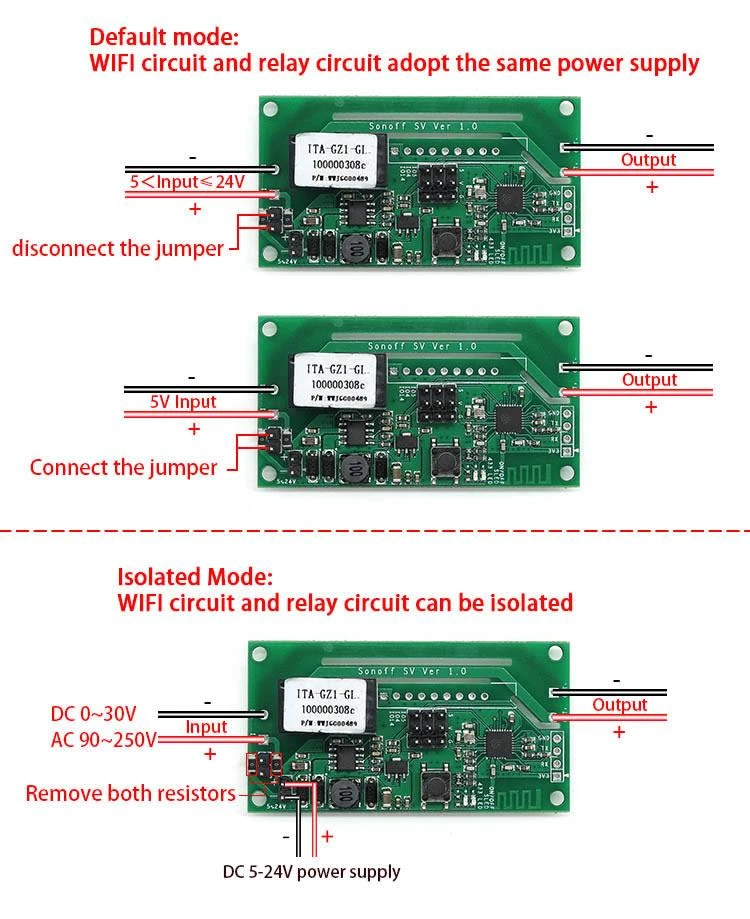 Saugios įtampos WiFi belaidis jungiklis 5V-24VDC - Sonoff
