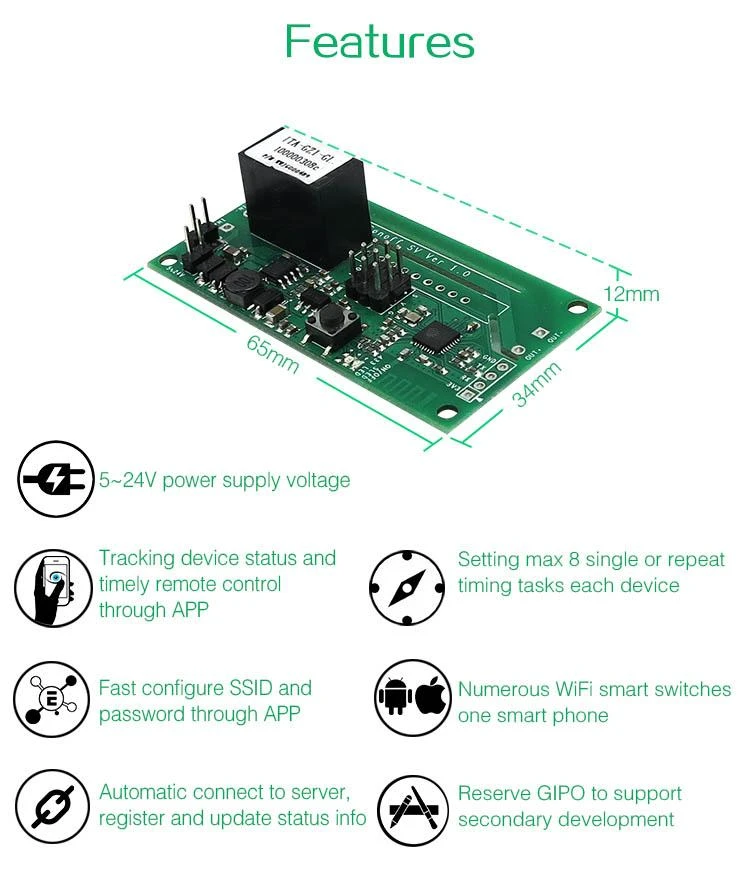 Saugios įtampos WiFi belaidis jungiklis 5V-24VDC - Sonoff