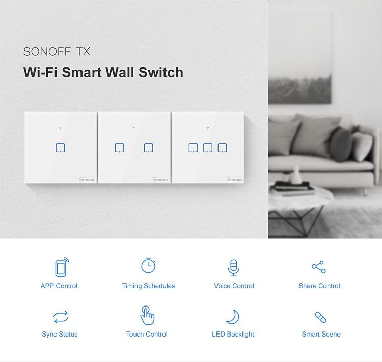 Sonoff T0EU3C-TX 3 kanalų sieninis jungiklis 230VAC 720W