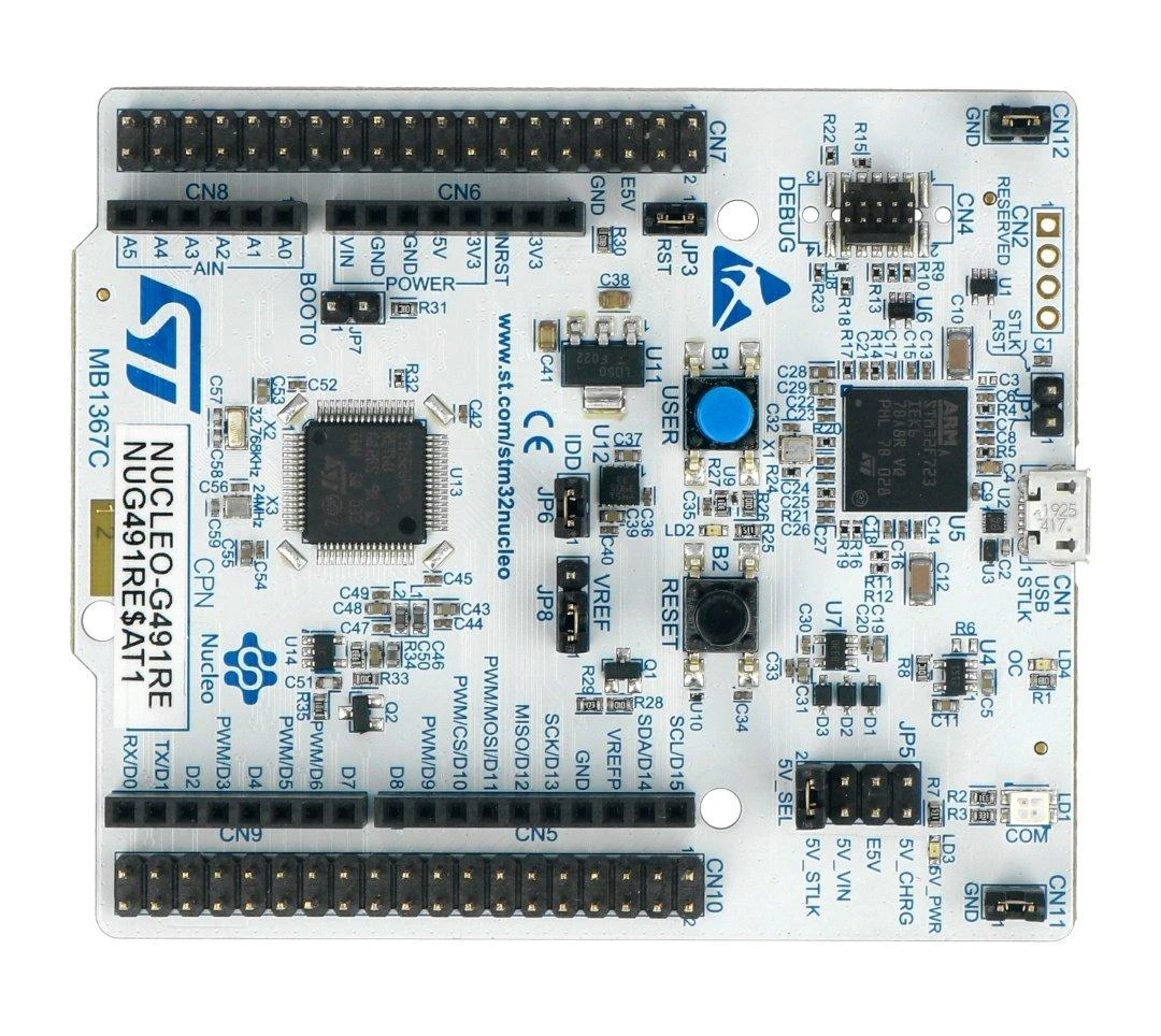 STM32 NUCLEO-G491RE kūrimo plokštė iš viršaus