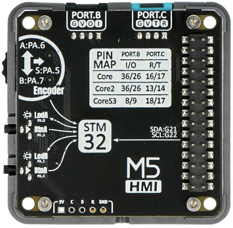 M5Stack HMI modulis – galinė PCB pusė su jungčių schema
