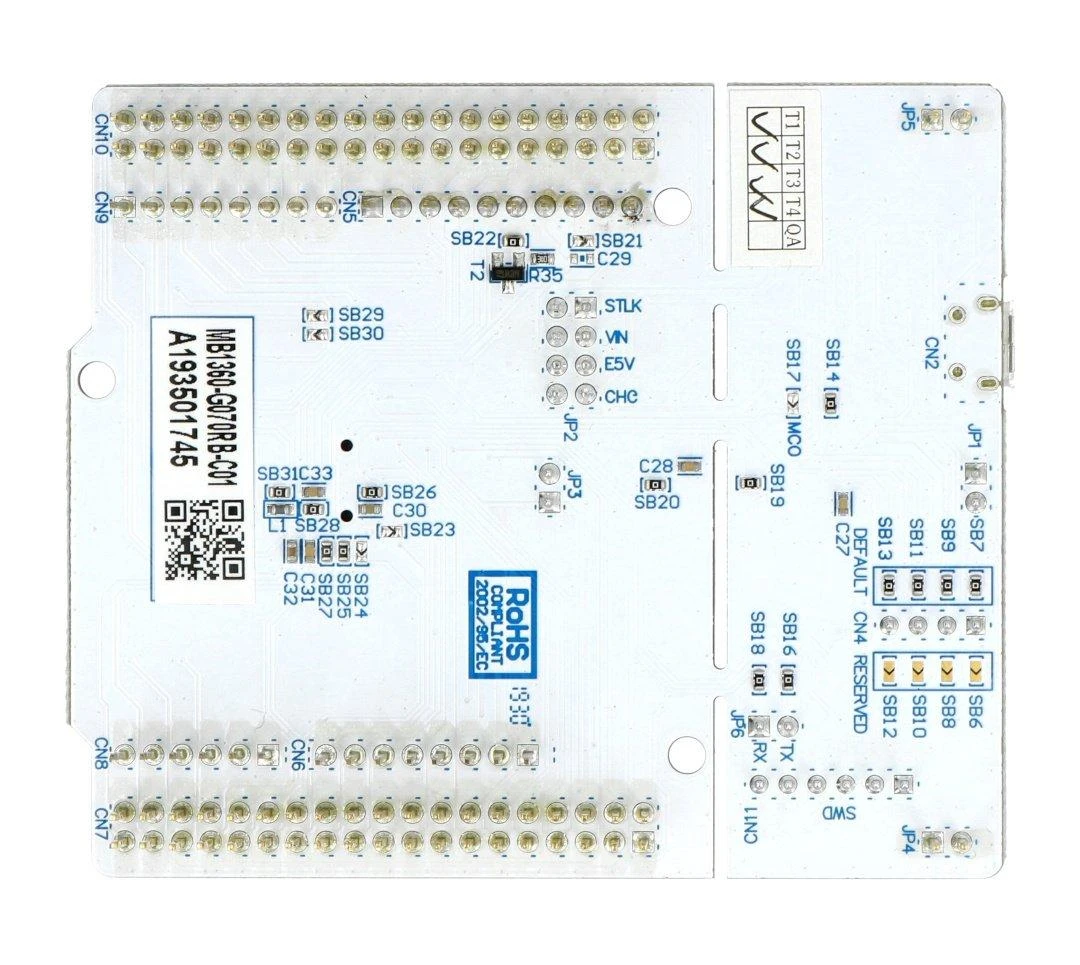 STM32 Nucleo-G070RB plokštės apačia ir jungtys