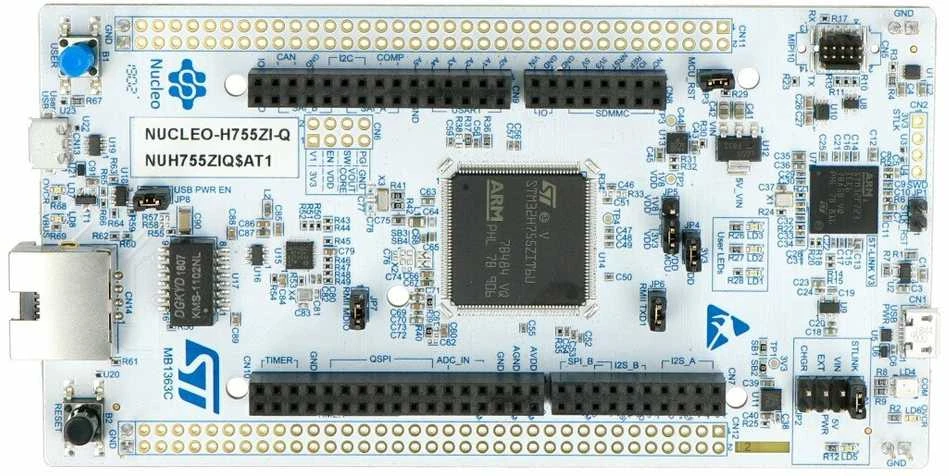 STM32 NUCLEO-H755ZI-Q kūrimo plokštė su komponentais