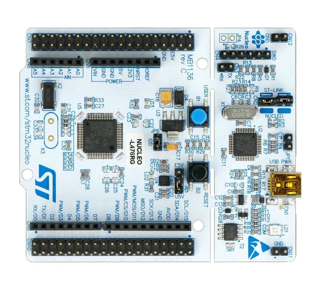 STM32 Nucleo-L476RG kūrimo plokštė - viršutinis vaizdas
