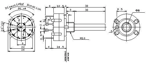 Sukamojo jungiklio techninis brėžinys su matmenimis