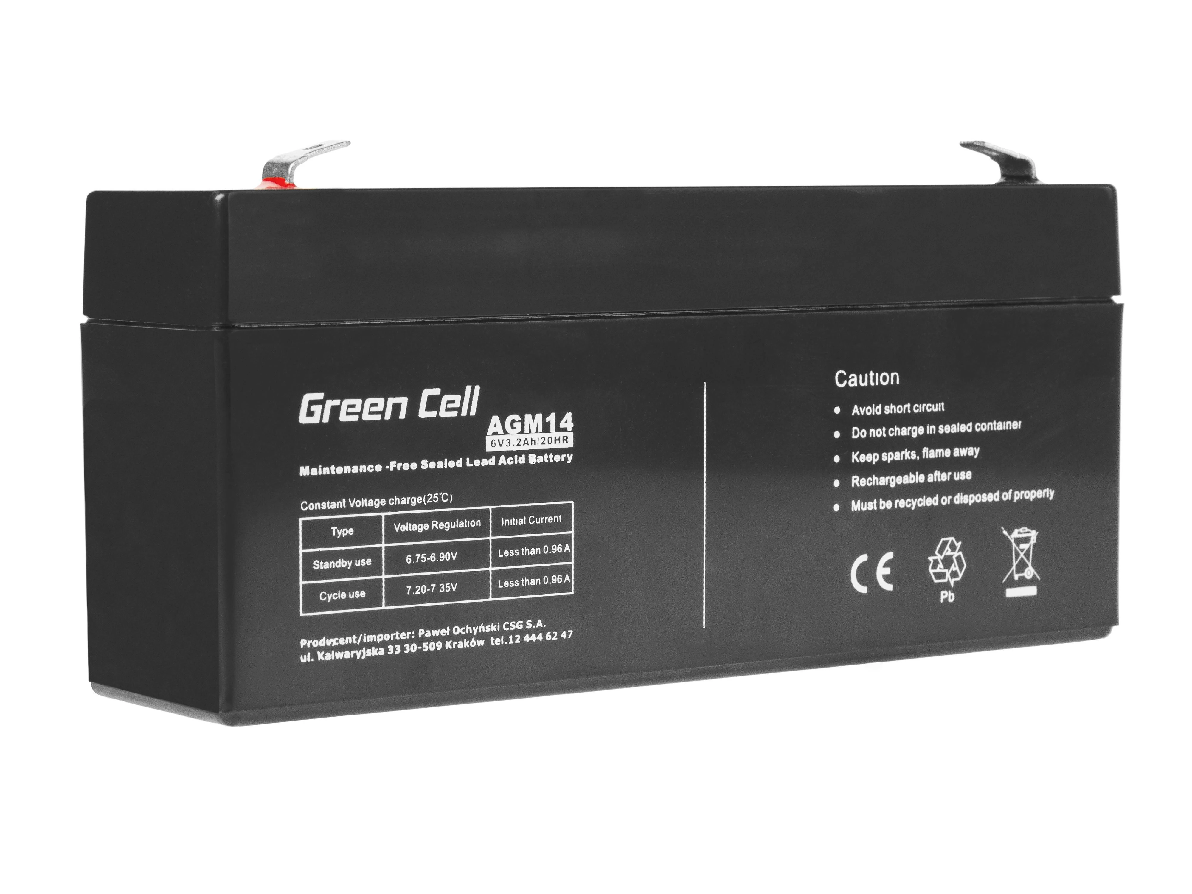 Green Cell 6V 3,2Ah AGM akumuliatorius su technine lentele
