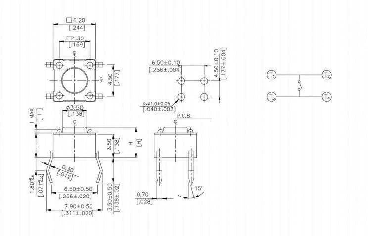 Mikrojungiklio 6x6x13mm techninis brėžinys